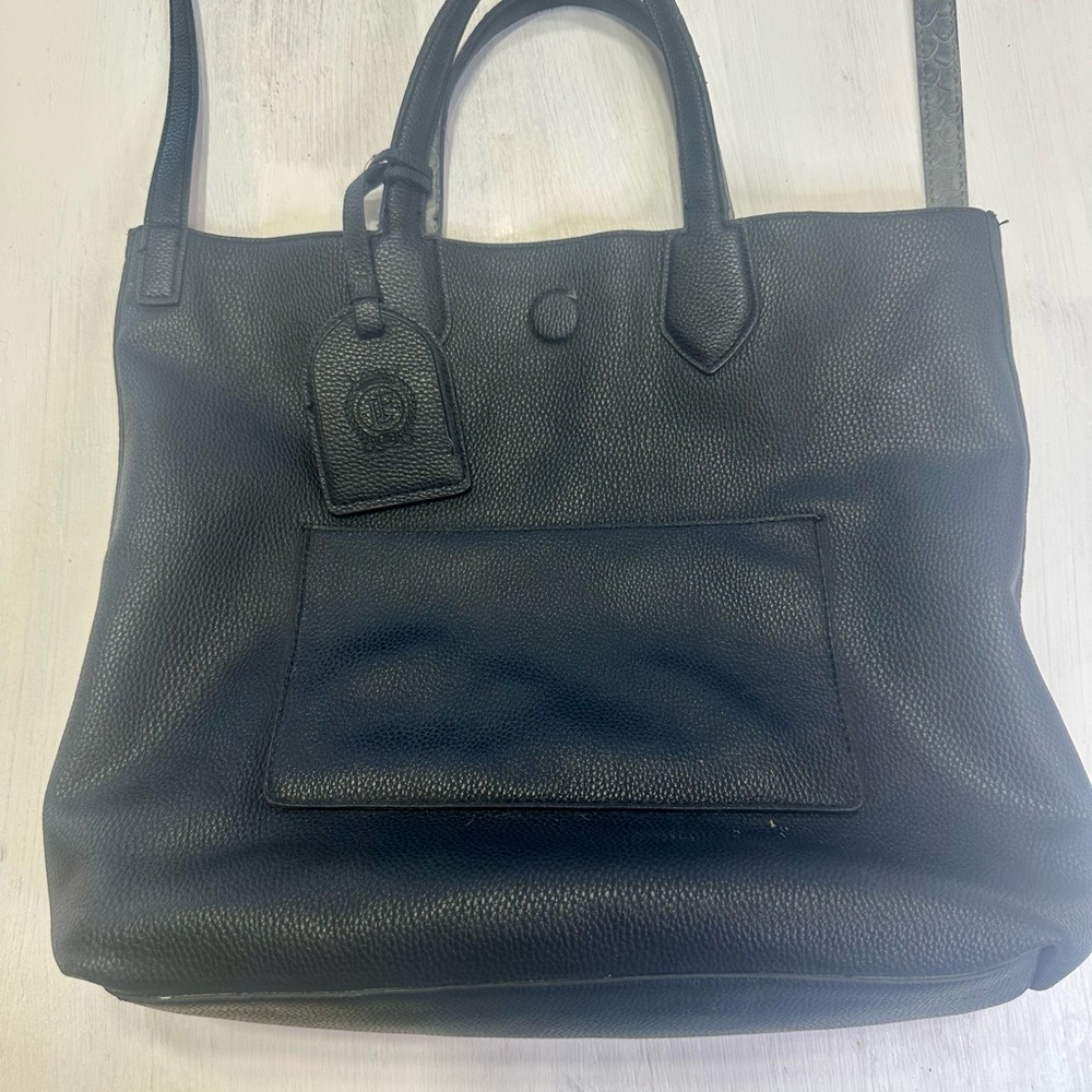 London Fog Reversible Tote Bag Black Pebbled Gray Snakeskin Large Shoulder Bag - Picture 4 of 14